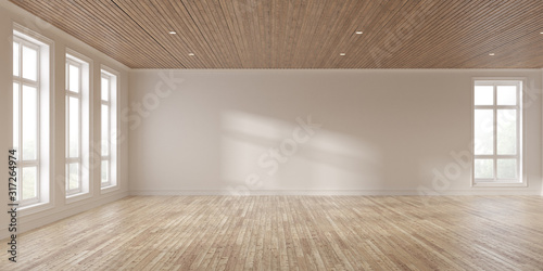 Mock-up of white empty room and wood laminate floor with sun light cast the shadow on the wall,Perspective of minimal inteior design on nature background. 3D rendering. photo