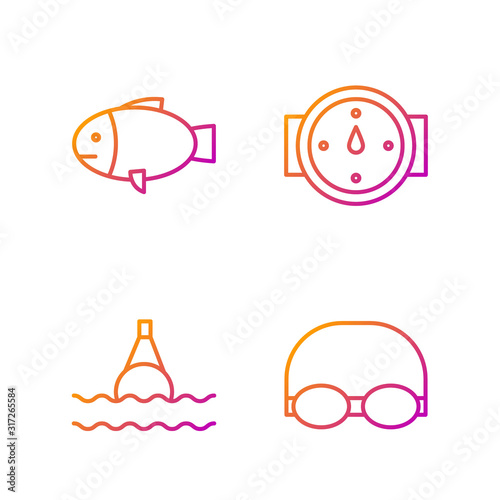 Set line Glasses and cap for swimming, Floating buoy on the sea, Fish and Wind rose. Gradient color icons. Vector