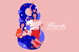 8 March illustration with beautiful girls with bouquets of flowers in flat style. Creative international women's day greeting card. Design of congratulatory poster. Vector illustration.