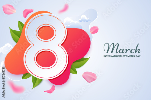 8 March greeting card design. Big number 8 surrounded by pink falling rose petals. International women's day congratulatory banner. Applicable for web, postcard, invitation. Vector illustration.