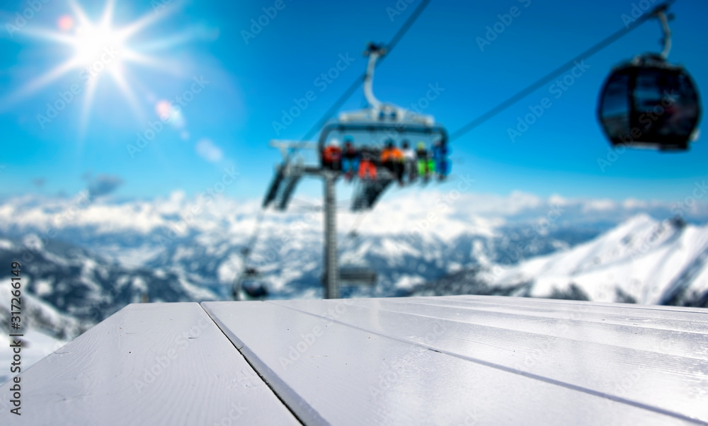 Desk of free space and ski time in mountains. 