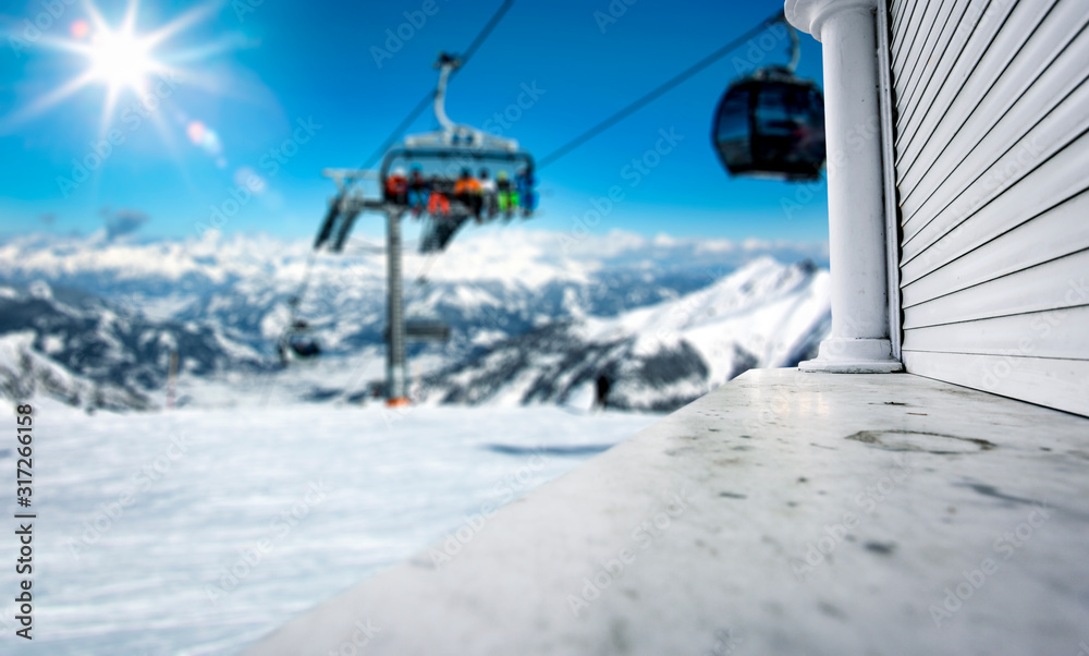 Desk of free space and ski time in mountains. Desk of free space and ski time in mountains.