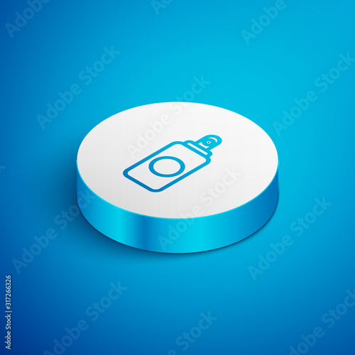 Isometric line Spray can for air freshener, hairspray, deodorant, antiperspirant icon isolated on blue background. White circle button. Vector Illustration