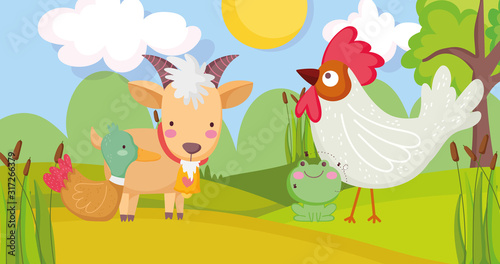 Fototapeta Naklejka Na Ścianę i Meble -  goat rooster duck and frog trees farm animal cartoon