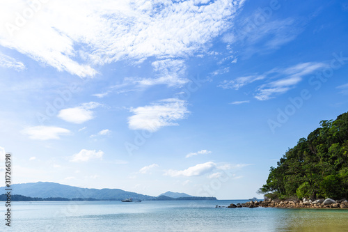 Blue sky over blue sea and green island, vacation and holiday destination in Southern Thailand, summer break, seascape