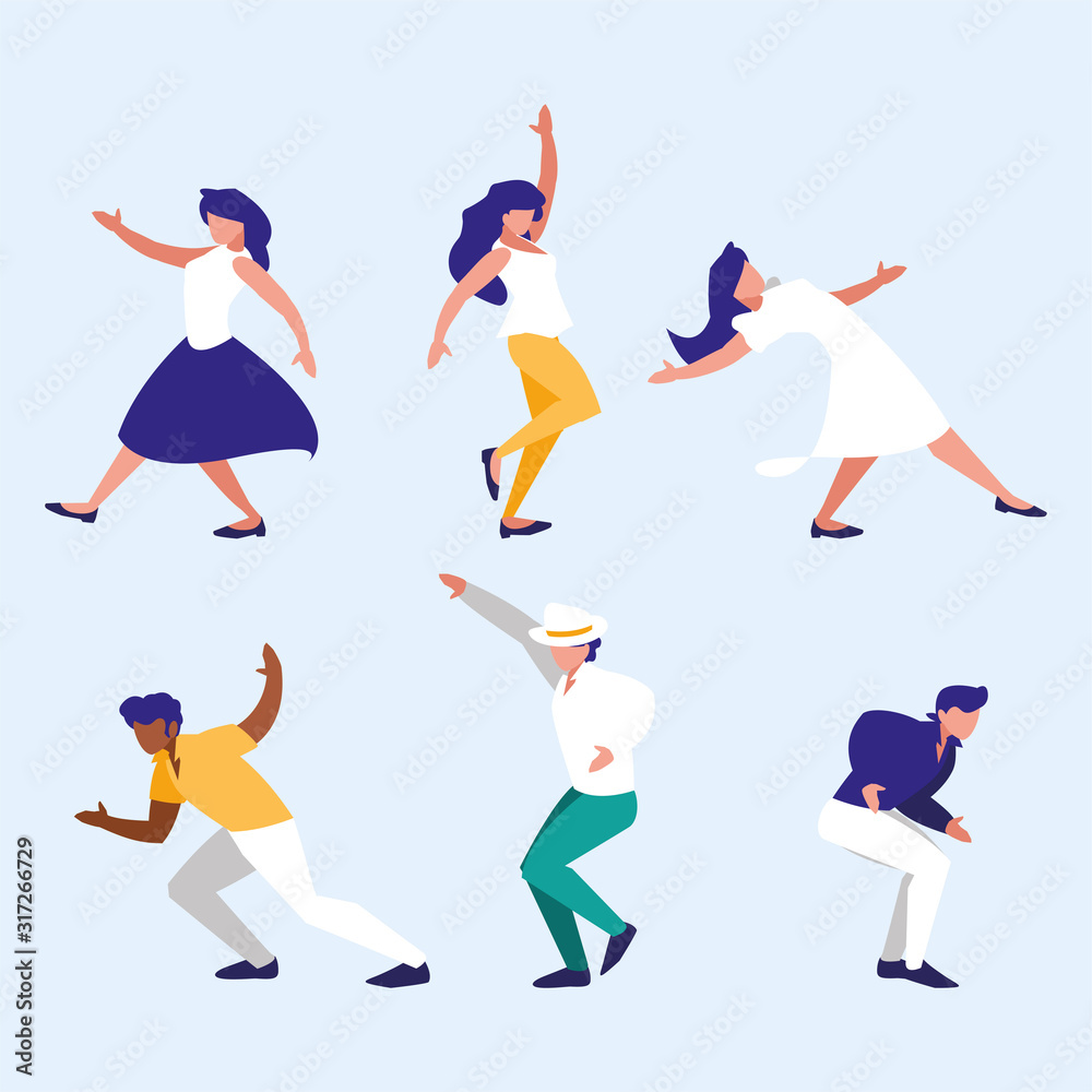 Set of women and men doing dancing positions vector design