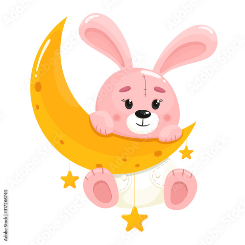 Cute cartoon bunny on the moon. Vector illustration in cartoon flat style. White background.