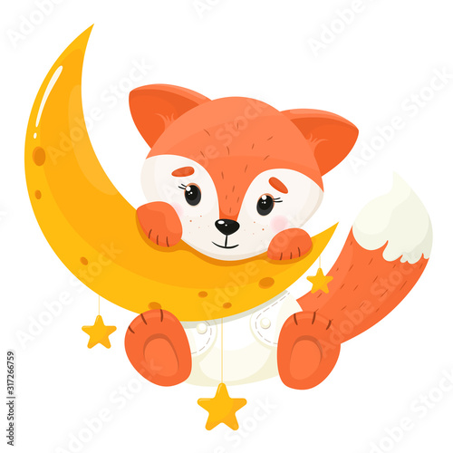 Cute cartoon fox on the moon. Vector illustration in cartoon flat style. White background.
