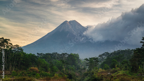 view of Merapi Volcano with a light mist in the morning HDR processed