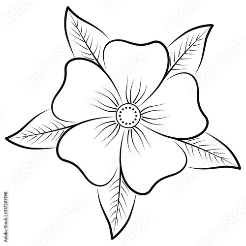 A flower of five petals and five leaves.