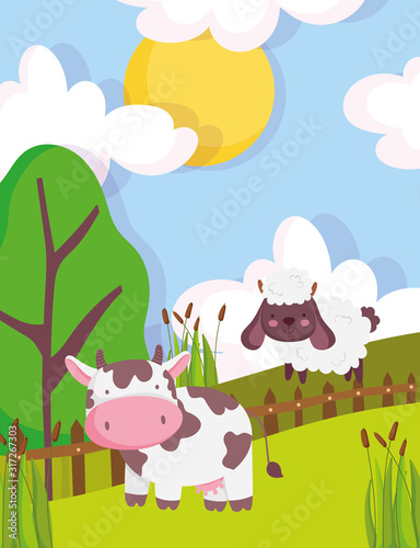 cow and sheep wooden fence trees farm animal cartoon
