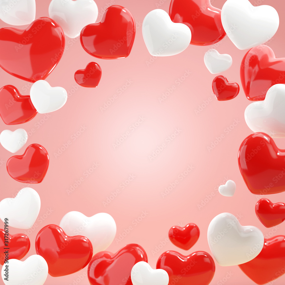 3D Realistic Red white Hearts oldrose background Happy Valentines Day 3D Illustration