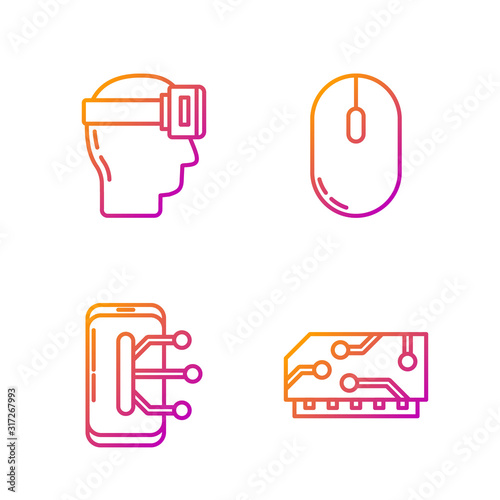 Set line RAM, random access memory, Smartphone, mobile phone, Virtual reality glasses and Computer mouse. Gradient color icons. Vector