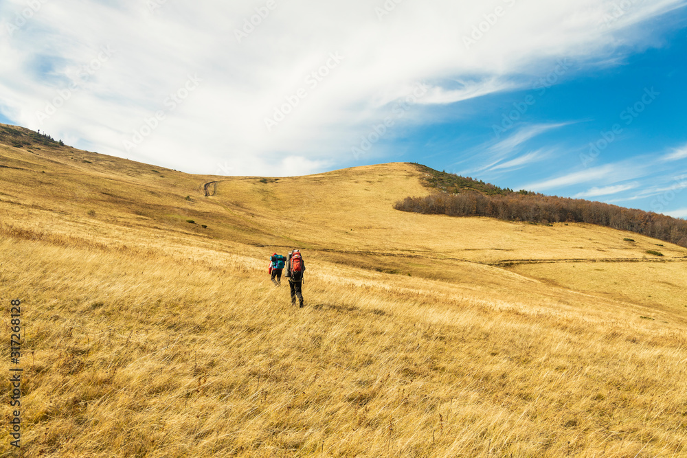 hiking mountains life style passion hobby two person walk through highland pastures picturesque scenic landscape environment view horizon ridge and clear sky background, copy space hiking mountains life style passion hobby two person walk through highland pastures picturesque scenic landscape environment view horizon ridge and clear sky background, copy space