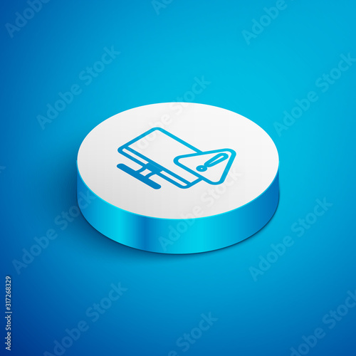 Isometric line Computer monitor with exclamation mark icon isolated on blue background. Alert message smartphone notification. White circle button. Vector Illustration