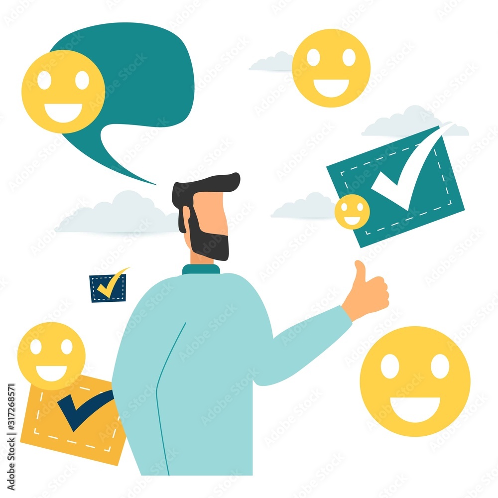 a person leaves a good online review for a product or service. vector illustration design graphics for the site section, reviews, about us, good work contented consumer. character shows a hand gesture a person leaves a good online review for a product or service. vector illustration design graphics for the site section, reviews, about us, good work contented consumer. character shows a hand gesture