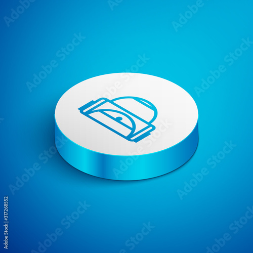 Isometric line Sport bag icon isolated on blue background. White circle button. Vector Illustration