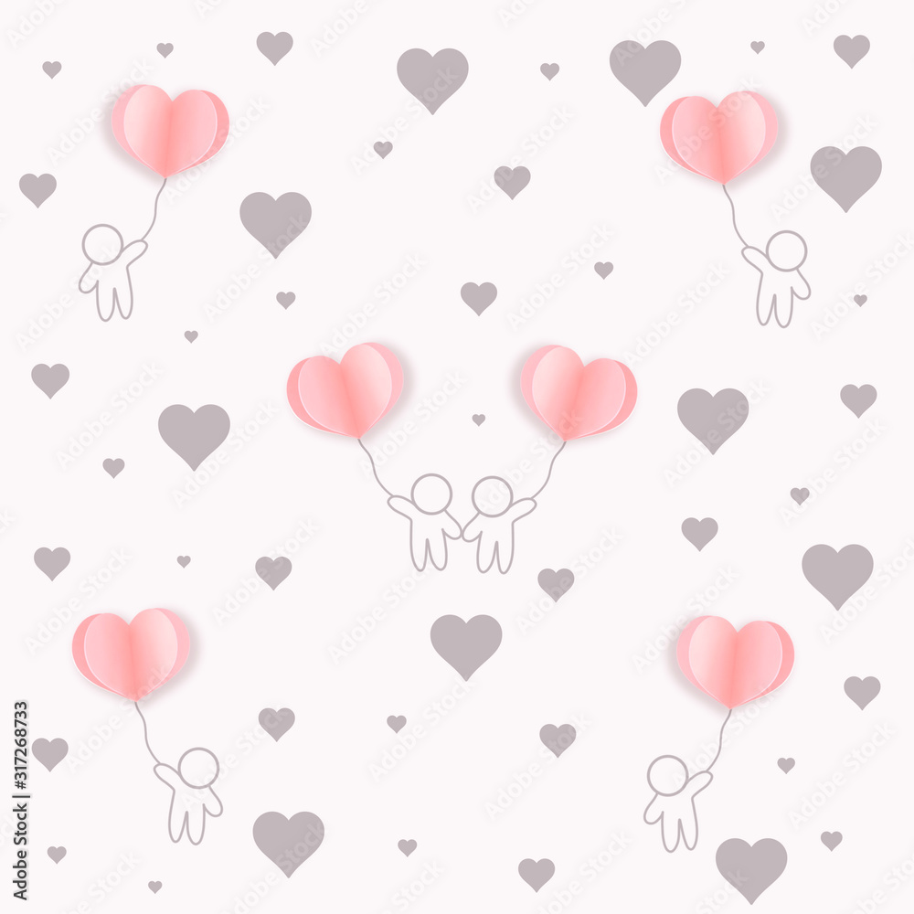 Pink balloons with people are flying and floating in brown hearts for Valentine's Day or Mother's Day. The pattern of love from vector illustration for Background, Wrapping Paper, Wallpaper, Textile, 