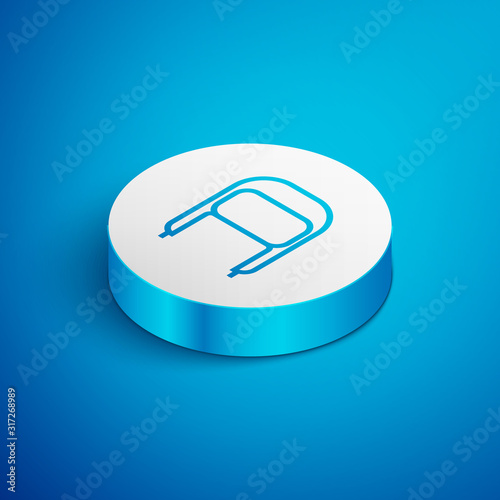 Isometric line Winter hat with ear flaps icon isolated on blue background. White circle button. Vector Illustration