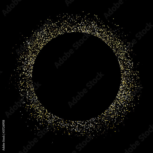 Gold round frame and Glitter. Glowing particles