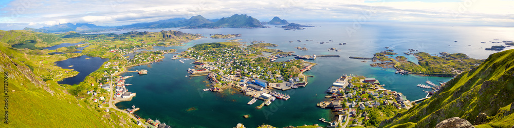 Panorama of Lofoten Islands with Ballstad, aerial view, Norway