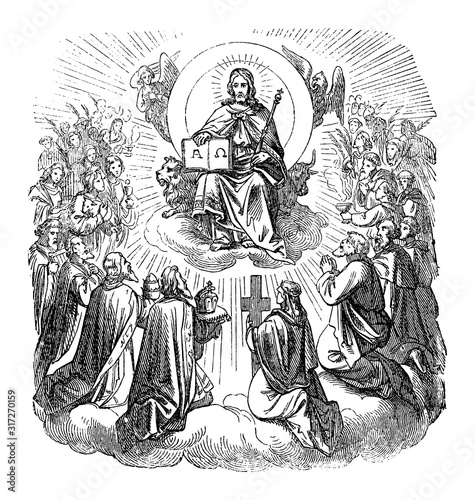 Antique vintage biblical religious engraving or drawing of Jesus Christ sitting as king on throne in heaven surrounded by apostles and believers.Bible, New Testament,Biblische Geschichte , Germany