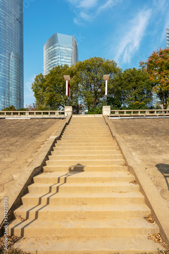 Close up and details of railing and stairs of a modern building