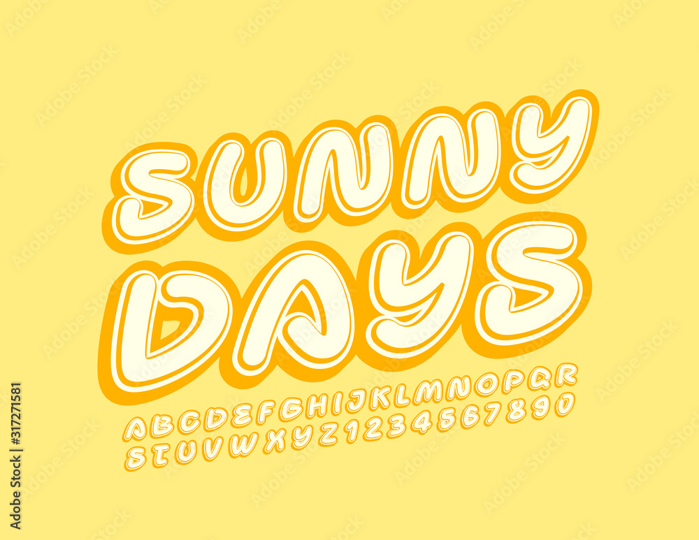 Vector creative banner Sunny Days. Yellow retro Font. Trendy Alphabet Letters and Numbers