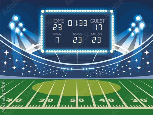 soccer field with scoreboard, football stadium