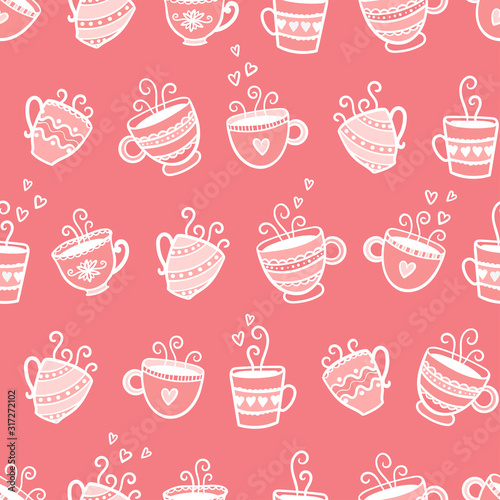 Cute hand drawn coffee cups seamless pattern, doodle background, great for textiles, banners, wallpapers, wrapping - vector design