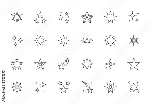Star burst line icons set. Vector twinkle glitter glow illustration  starry night falling star pictograms. Sparkling flash festive outline signs
