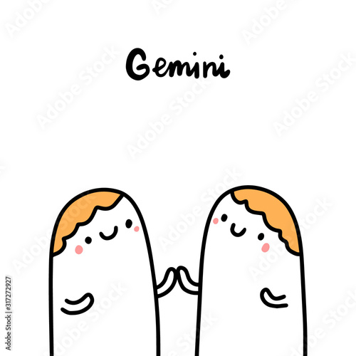 Gemini hand drawn vector illustration in cartoon comic style twins men people