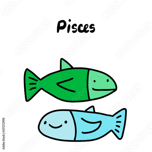 Pisces hand drawn vector illustration in cartoon comic style fish green and blue smiling