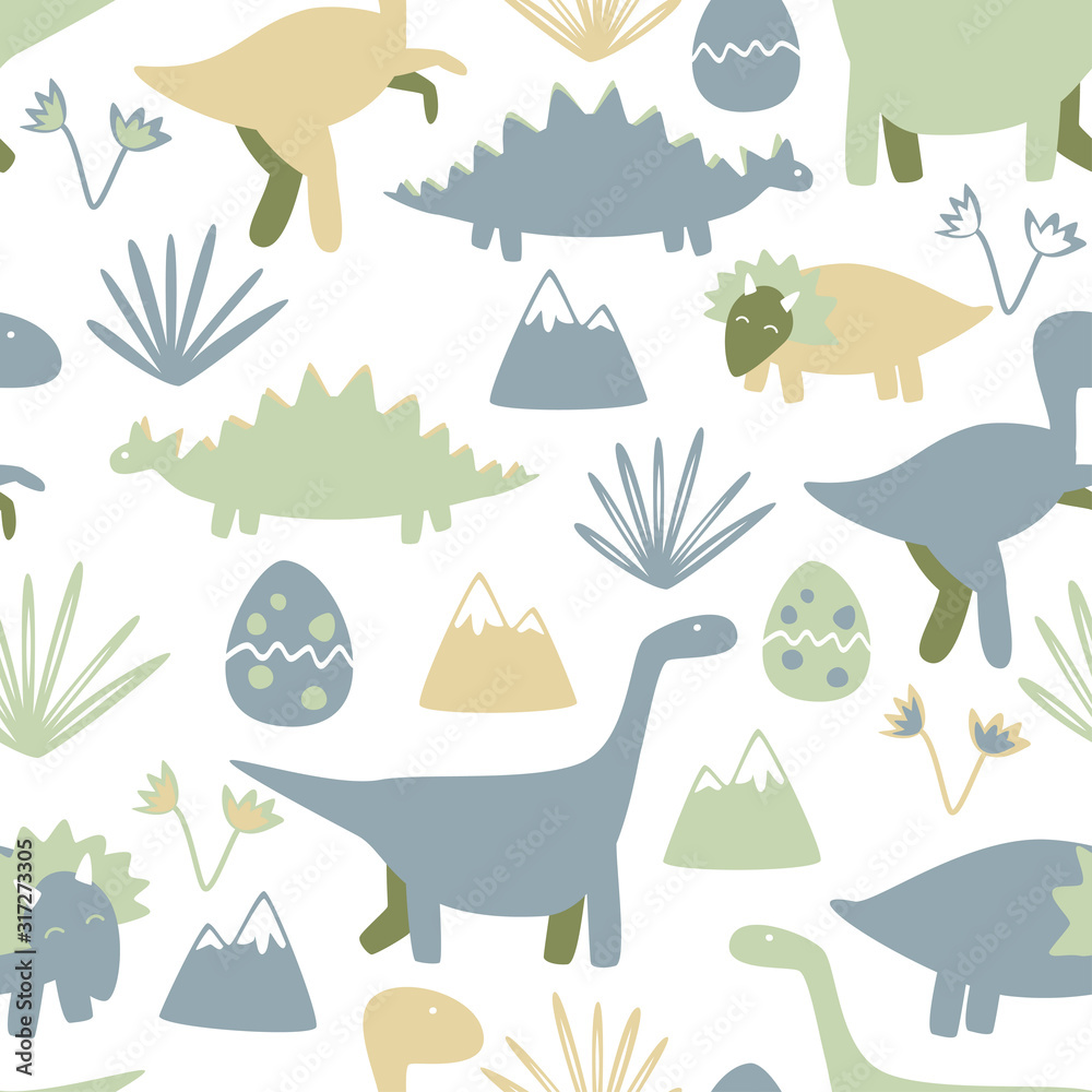 Cute seamless pattern with dinosaurs. Kids simple background.