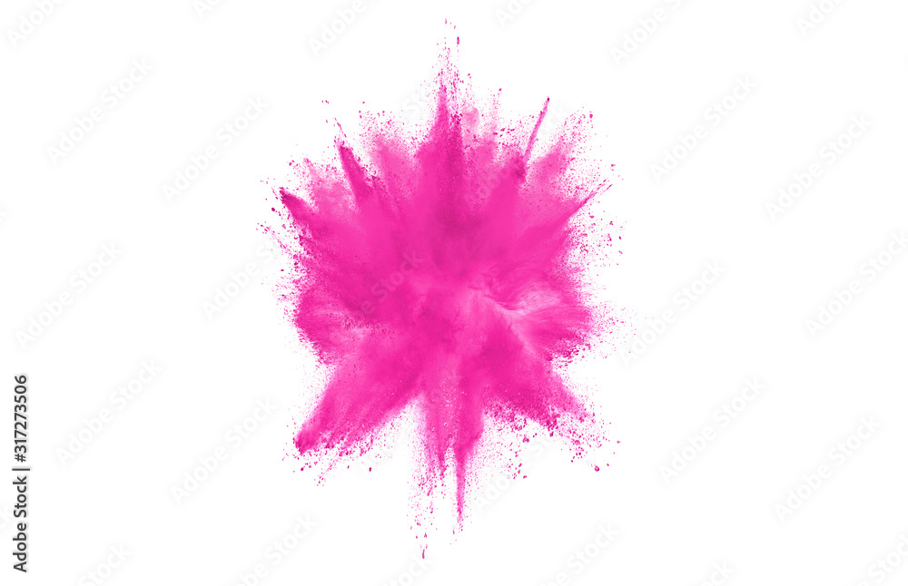Pink powder explosion on white background. Paint Holi.