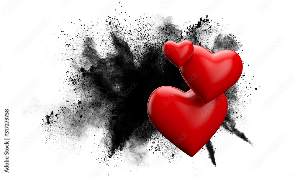 Red love heart against a grunge powder explosion. 3D Rendering - obrazy, fototapety, plakaty 