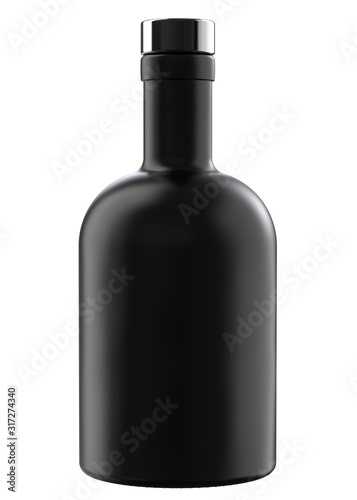 Matte Black Glass Whiskey, Vodka, Gin, Rum, Tincture, Moonshine or Tequila Bottle with Metal Cap. 3D Render Isolated on White.