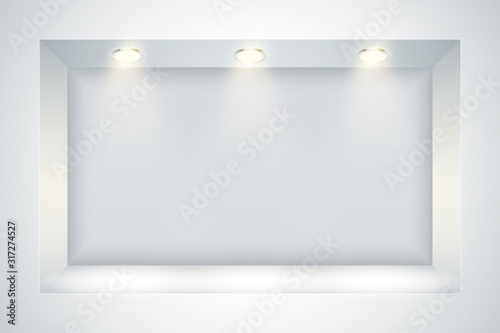 White wall niche with spotlight. Recess in a colored wall in square shaped with point light. Editable Background Vector illustration.