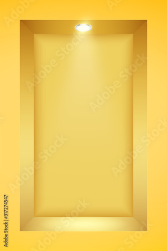 Yellow wall niche with spotlight. Recess in a colored wall in square shaped with point light. Editable Background Vector illustration.
