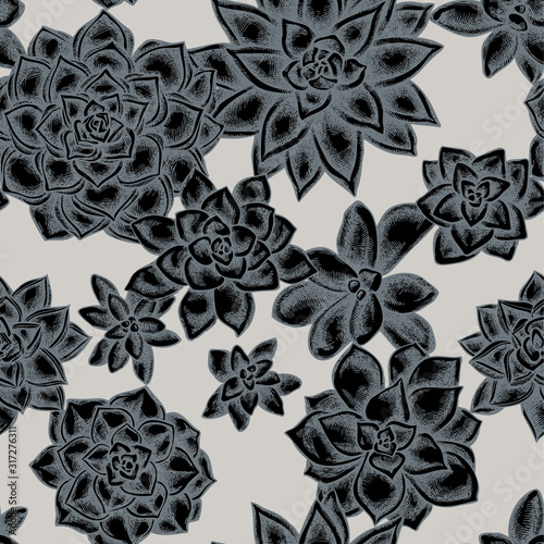 Seamless pattern with hand drawn stylized succulent echeveria