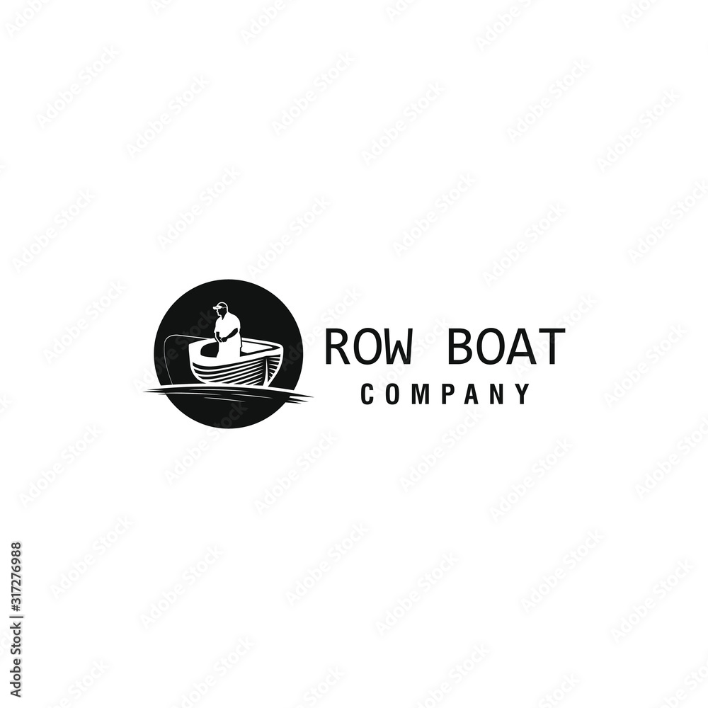 Wooden Boat. Man & Fishing. Row Boat logo design. Vector Illustration