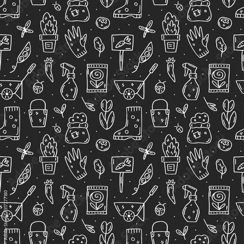 Gardening vector doodle line art seamless pattern  texture  background. Chalk design elements on dark background. Gardening tools  plants  herbs  leaves  gardening clothes icons together.
