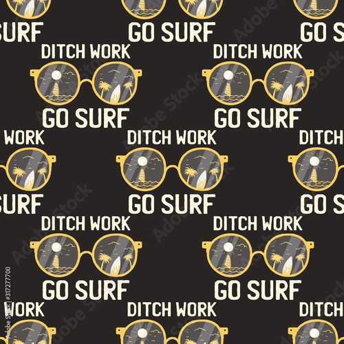 Surfing adventure seamless pattern with surfboard and waves scene labels badges. Ditch work go surf t-shirt text. Summer wallpaper background. Stock vector