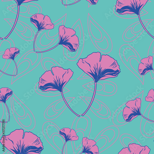 Vector seamless pattern ginko wax with pink and purple ginkgo leaves with pink arabesques