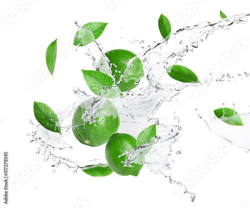 Ripe limes, fresh mint and splashing water on white background