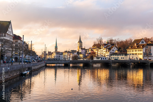 Morning panoramic of Zurich by the Limmat river