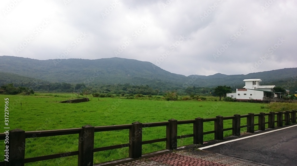 Light green grass behind a fence. View of the mountains and nature