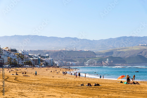 Las Canteras Beach (Playa de Las Canteras) in Las Palmas de Gran Canaria, Canary island, Spain. 3 km stretch of golden sand is the heart and soul of Las Palmas. One of the top Urban Beaches in Europe