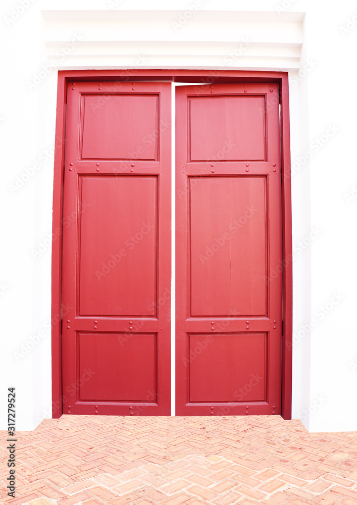 Crimson of Large wooden Vertical retro architecture double door isolated on white cement wall, modern entrance with wood texture style interior from Thailand.