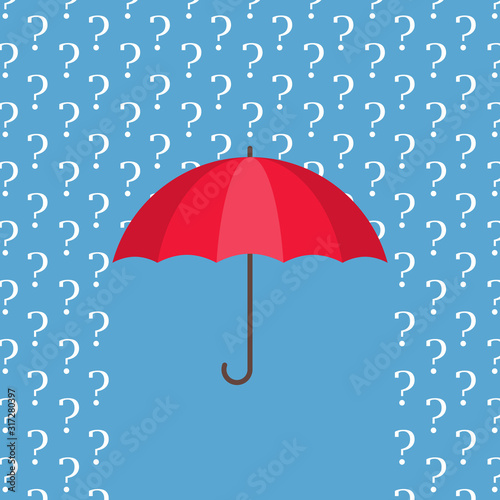 Red umbrella protecting from rain of white question marks
